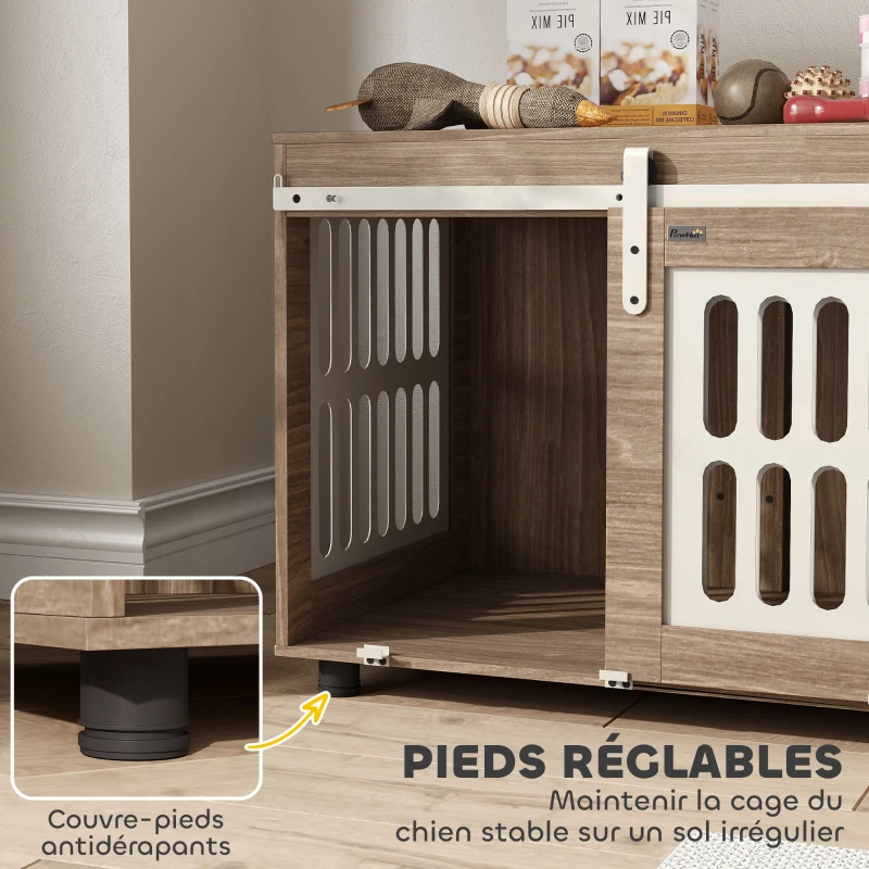 PawHut Meuble cage pour chien avec porte coulissante, maison pour chien de moyenne, table d'appoint, 80 x 59 x 63 cm, noyer