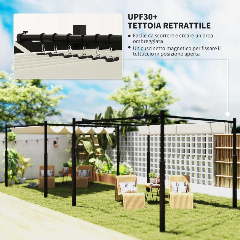 Outsunny Gazebo Pergola 3x3 m con Tettuccio Retrattile, 8 Viti e 8 Picchetti, in Poliestere 180g e Metallo, Bianco Crema