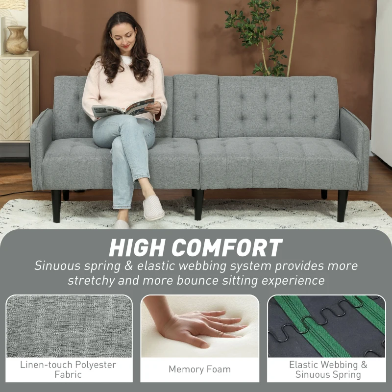 HOMCOM Three-Seater Sofa Bed, with Cupholders - Light Grey