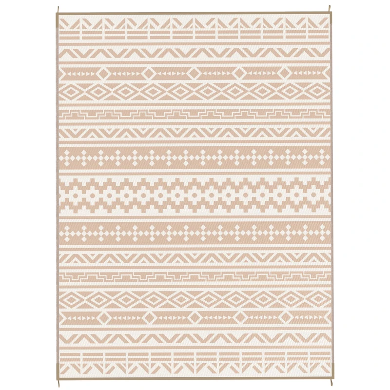 Outsunny Tapis d'extérieur réversible 3,7 x 2,7 m, tapis de sol motif mur géométrique en PP sac de transport kaki et beige clair