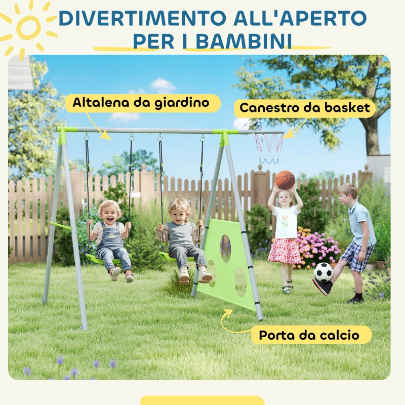 AIYAPLAY Gioco per Bambini 3 in 1 con Altalena da Giardino, Canestro e Porta da Calcio, 238x180x182 cm,, Verde e Grigio