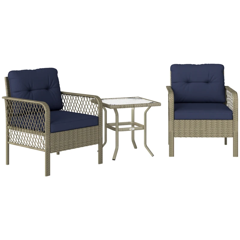 Outsunny 3 Pieces Rattan Bistro Set with Glass Top Coffee Table, Chairs and Cushions for Outdoor, Patio, Balcony, Charcoal Grey