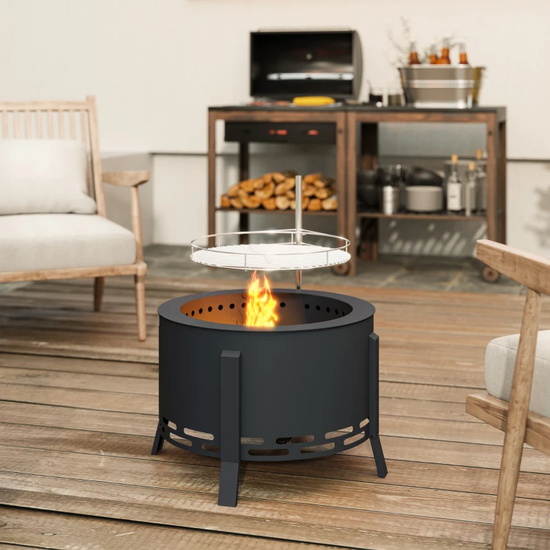 Outsunny Portable Fire Pit, 58 cm Round Firepit with Grill Grate, Fire Bowl with Ash Catcher and Poker, Fire Pit BBQ for Garden Camping Bonfire Picnic, Black