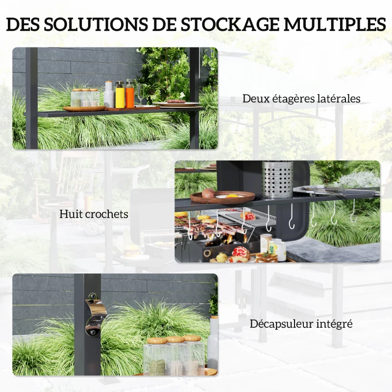 Outsunny Tonnelle de barbecue à deux niveaux auvent de réception pour jardin avec lumière LED 240 x 150 x 250 cm gris foncé