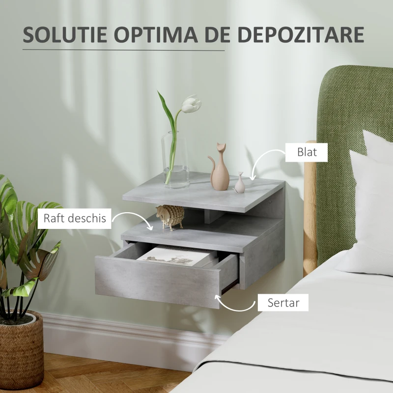 HOMCOM Set de 2 Noptiere Suspendate cu Sertar și Poliță Superioară, 35x32x22.5 cm, Gri