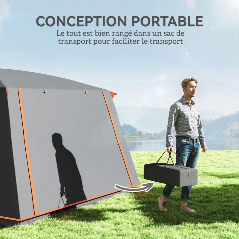 Outsunny Tente de camping familiale 4-5 personnes, tente tunnel imperméable, portes + fenêtres, 4,3 x 3 x 1,95 m, gris foncé
