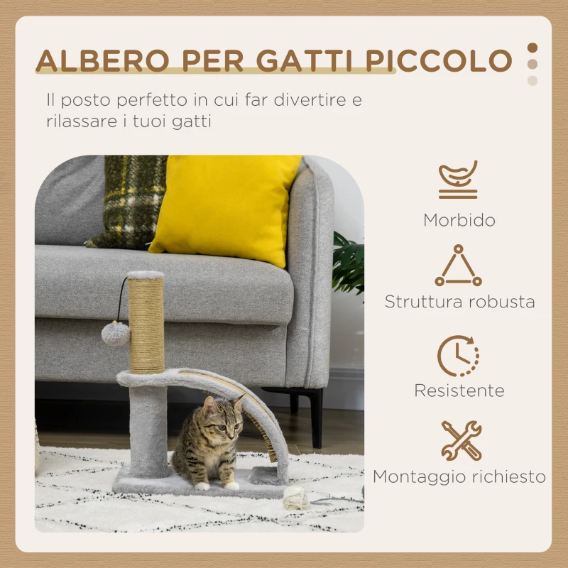 PawHut Albero Tiragraffi per Gatti con Arco Massaggiatore, Palo in Iuta e Pallina in Peluche, 34x24x43 cm, Grigio