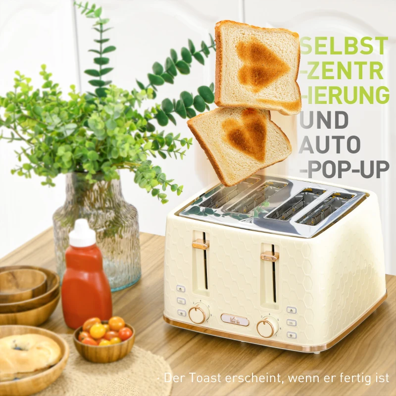 HOMCOM 2-in-1 Küchenset, Toaster und Wasserkocher, mehrere Optionen, 1,7 L, 4 Toastscheiben gleichzeitig, Kunststoff, Beige