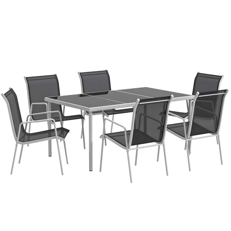 Outsunny Ensemble de jardin 6 pers. 6 chaises empilables table plateau verre trempé 5 mm métal époxy textilène argent