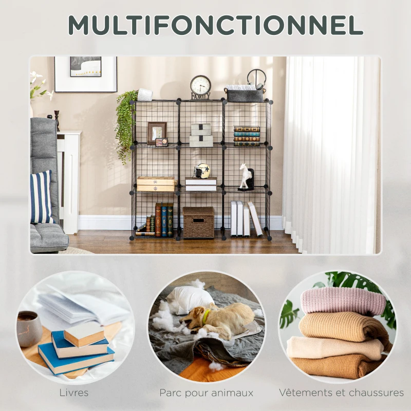 HOMCOM Étagère cube modulable DIY avec 9 compartiments en treillis métallique pour salon, chambre à coucher, noir