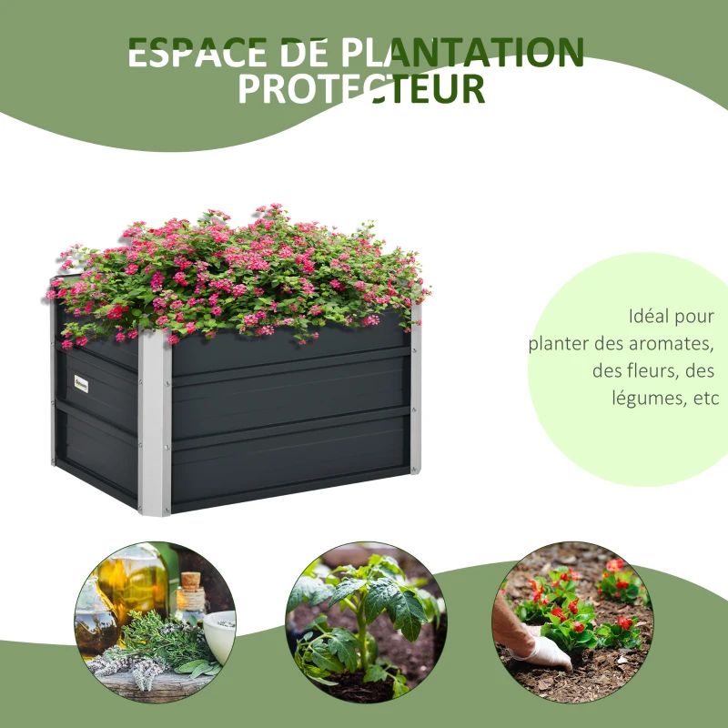 Outsunny Carré potager lit de jardin surélevé en acier galvanisé fond ouvert conception extra profonde 66 x 47 x 40 cm gris foncé