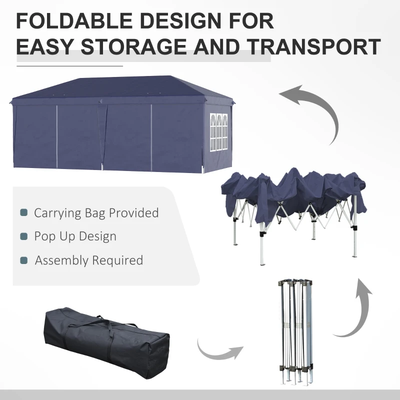 Outsunny Składany pawilon 6 x 3 m, odłączne boczne ściany, duże okna, drzwi z zamkiem błyskawicznym, rama stalowa, niebieski