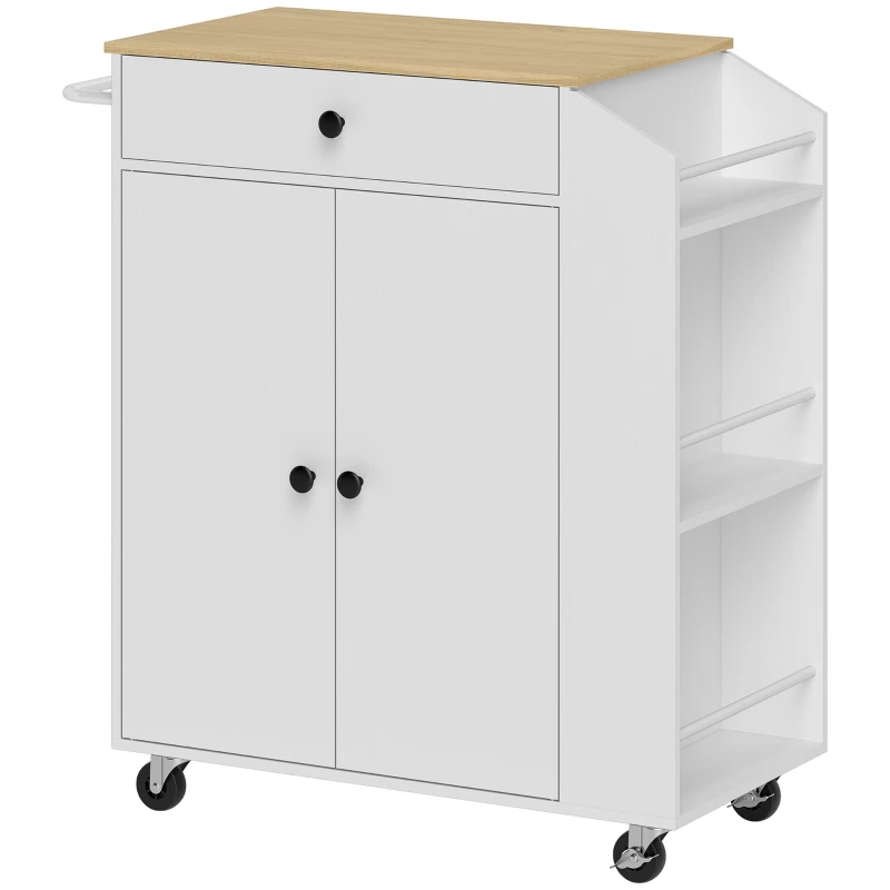 HOMCOM Ilha de Cozinha com Rodas com Gaveta Suporte para Temperos de 3 Níveis e Prateleira Ajustável 82x38x86,5 cm  Branco