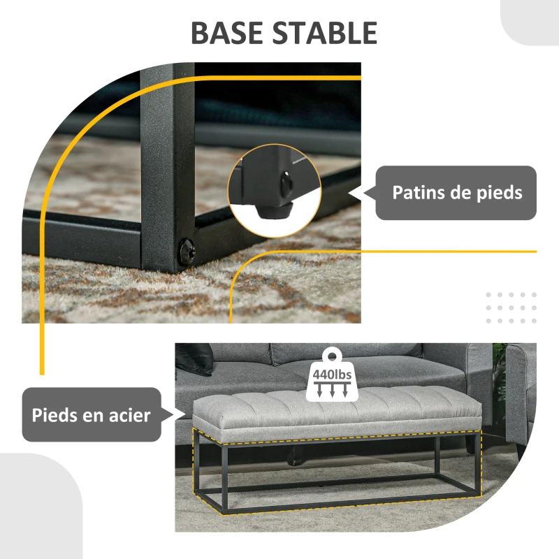 HOMCOM Banc design moderne, assise rembourrée en tissu aspect lin gris et structure en métal noir, charge 200 Kg, 120x44x45,5cm