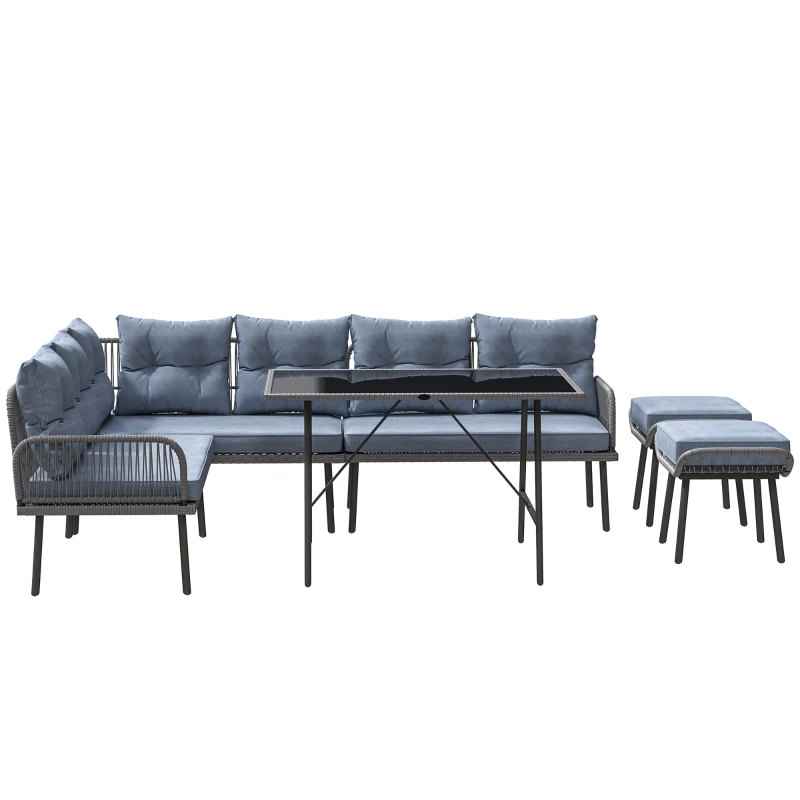 Outsunny 6 Piece Rattan Garden Furniture Set, 8 Seater Garden Corner Sofa with Cushions and Glass Top Table, Sectional Outdoor Furniture Conservatory Set for Patio, Charcoal Grey