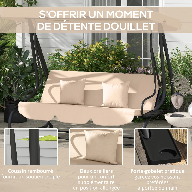 Outsunny Balancelle de jardin 3 places convertible toit inclinaison réglable 2 tablettes 2 x 1,2 x 1,64 m acier sable