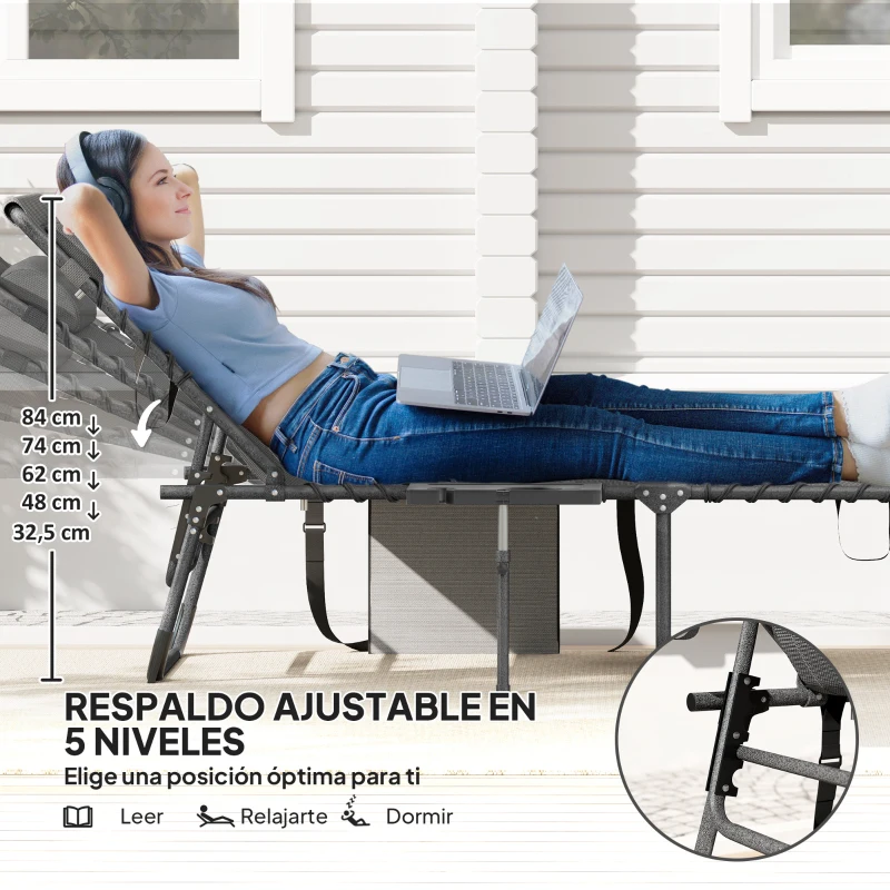 Outsunny Tumbona Plegable con Respaldo Ajustable Reposacabezas Bolsillo Lateral Bandeja y Estructura de Acero 190x60x31 cm Gris