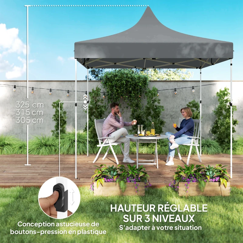 Outsunny Tonnelle de jardin tente pliante 3 x 3 m 4 parois latérales amovibles 3 fenêtres hauteur réglable sac de transport gris
