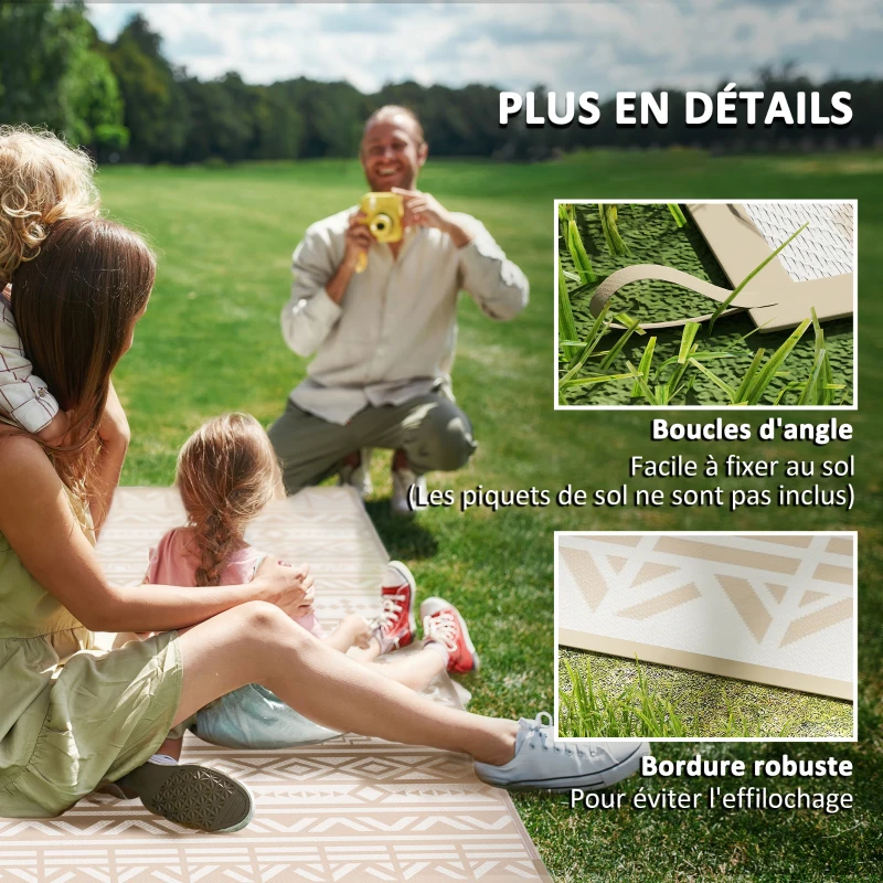 Outsunny Tapis d'extérieur réversible 3,7 x 2,7 m, tapis de sol motif mur géométrique en PP sac de transport kaki et beige clair