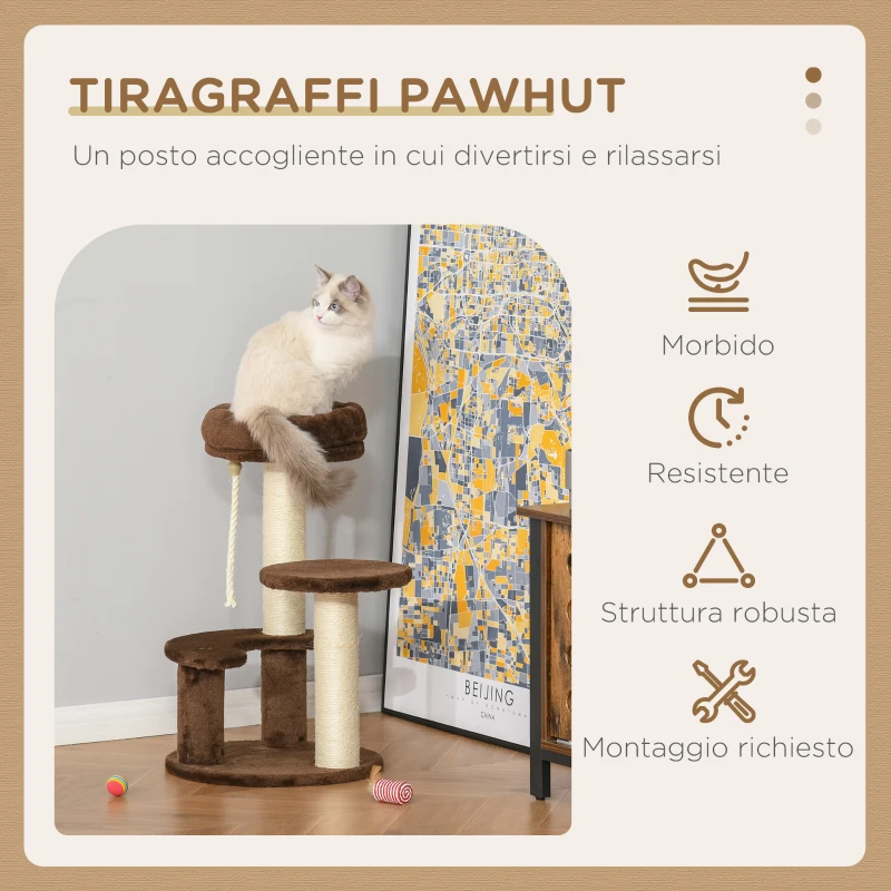 PawHut Albero Tiragraffi per Gatti a 3 Livelli con Lettino in Peluche e Pali in Sisal, Ø40x65 cm, Marrone
