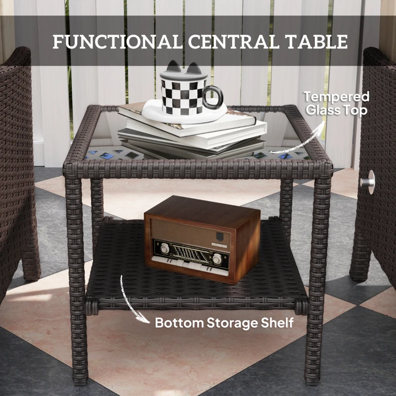 Outsunny 5 Piece Rattan Garden Furniture Set, Wicker Patio Sofa Set with 2 Armchairs, 2 Footstools, Glass Top Coffee Table with Shelf, Outdoor Furniture with Adjustable Backrests, Cushions, Khaki