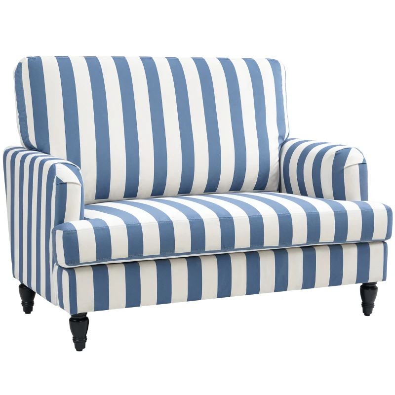 HOMCOM Modern Cuddle Chair, Velvet Single Sofa Armchair with Stripe, Turned Legs and Wide Seat, Upholstered Snuggle Chair for Living Room, Bedroom, Blue and White