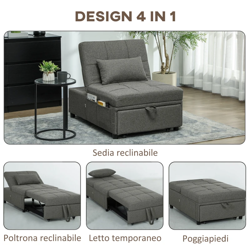HOMCOM Poltrona Letto 4 in 1 Convertibile in Chaise Longue e Poggiapiedi con Sistema Clic Clac, Grigio