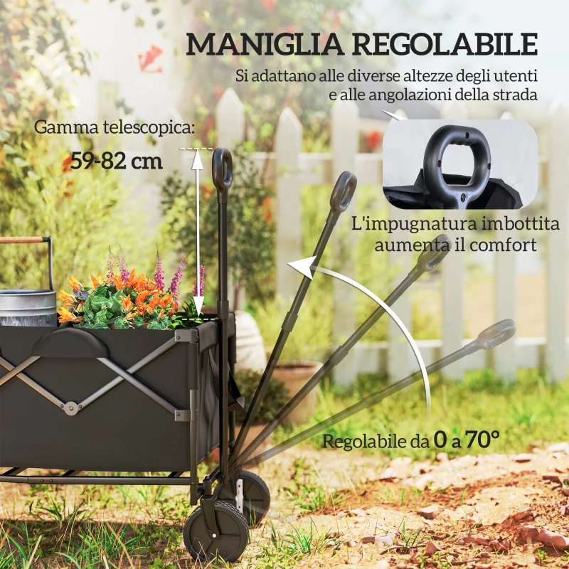Outsunny Carrello da Giardino 160L Pieghevole con Manico Regolabile, Capacità 100 kg, 95x55x102 cm, Nero