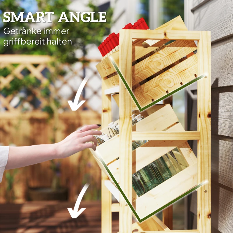 Outsunny Regał na 3 Skrzynki z Napojami, Drewniany Stojak z 3 Poziomami 56 x 32 x 112 cm, Drewno Naturalne