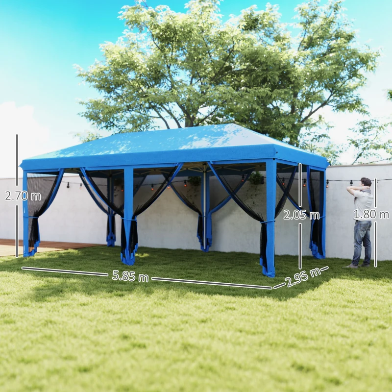 Outsunny 3 x 6m Pop Up Gazebo, Outdoor Canopy Shelter, Marquee Party Wedding Tent with 6 Mesh Walls and Carry Bag, Blue