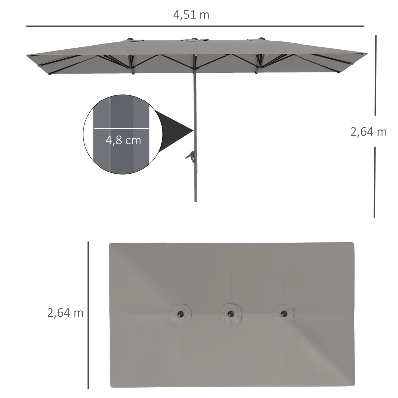 Outsunny Podwójny parasol, 451 x 264 cm Parasol z systemem korbkowym, 12 metalowych prętów, Maszt aluminiowy, Ciemnoszary