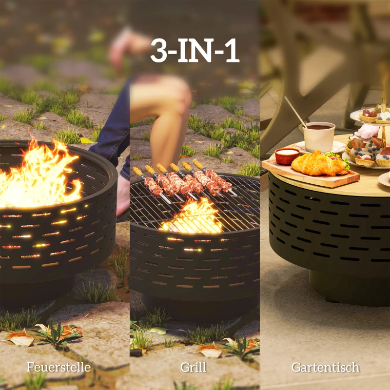 Outsunny 3-in-1 Feuerschale Ø60 x 39cm aus Edelstahl Feuerstelle mit Grillrost Funkenschutz Schürhaken Kohlegrau(m-4)