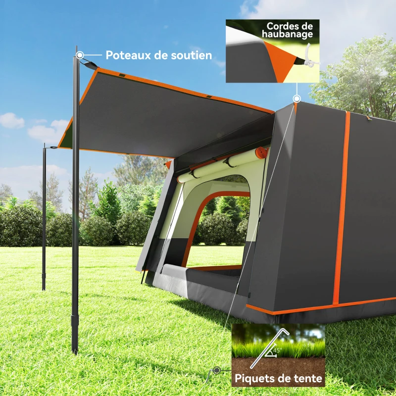 Outsunny Tente de camping familiale 4-5 personnes, tente tunnel imperméable, portes + fenêtres, 4,3 x 3 x 1,95 m, gris foncé