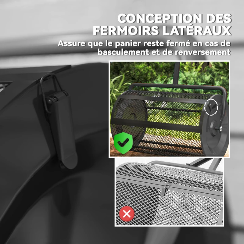 Outsunny Épandeur à compost 75 L épandeur de gazon avec poignée en T rouleau en treillis métallique 70 x 40 x 112 cm noir
