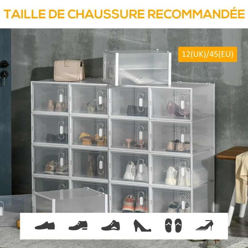 HOMCOM Meuble de rangement modulable, 18 cubes, meuble à chaussures empilables, vêtements, livres, jouets, blanc et transparent