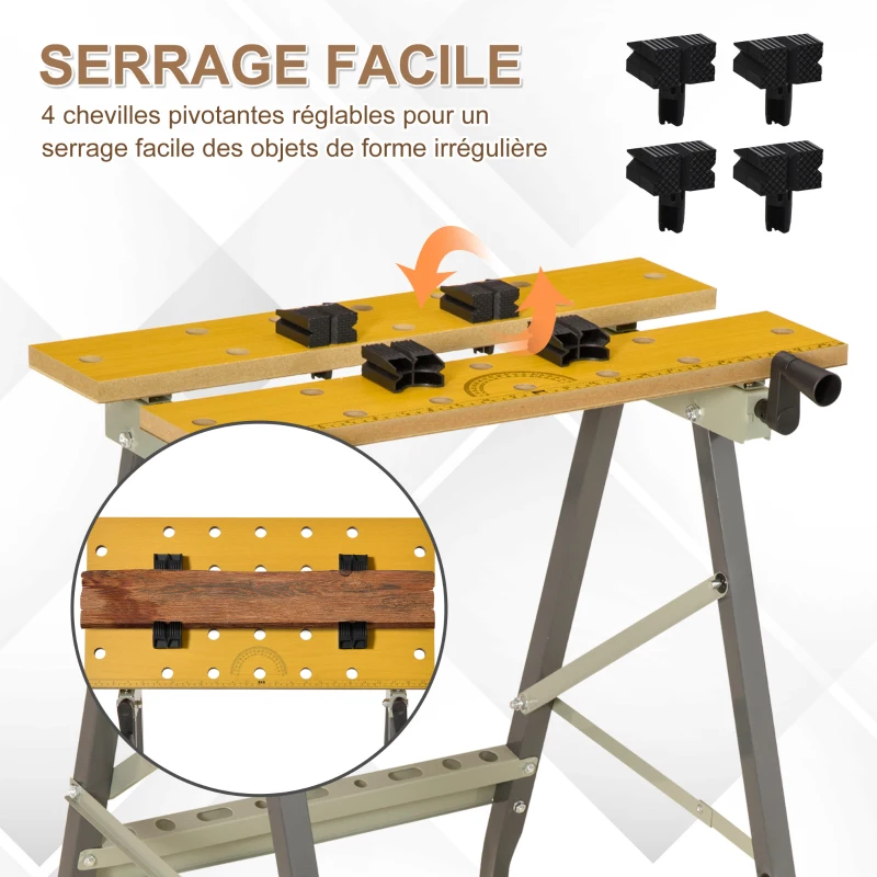 DURHAND Établi pliant établi de serrage avec 4 serre-joints table de travail, charge 100 kg, 62,5x60,5x78,5cm, gris