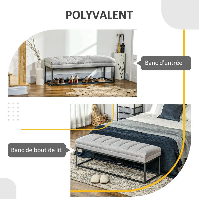 HOMCOM Banc design moderne, assise rembourrée en tissu aspect lin gris et structure en métal noir, charge 200 Kg, 120x44x45,5cm