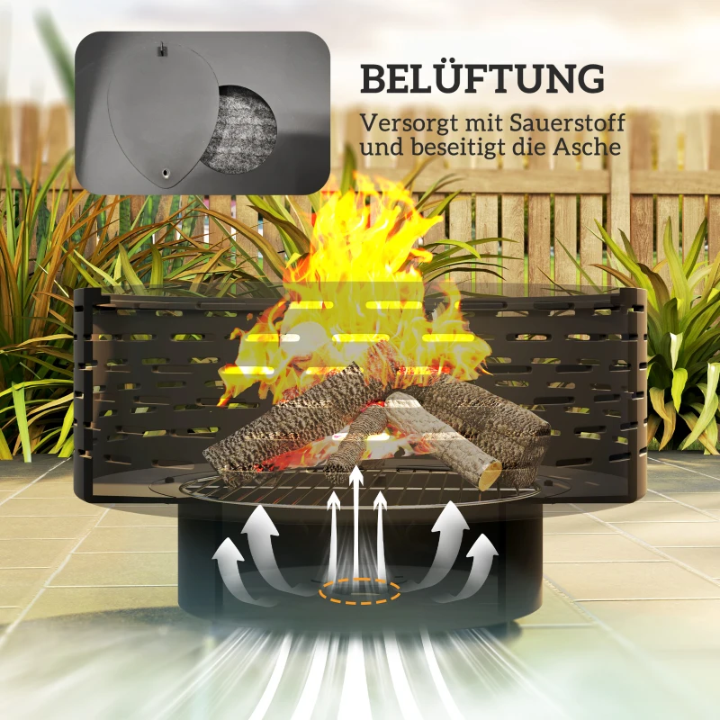 Outsunny 3-in-1 Feuerschale Ø60 x 39cm aus Edelstahl Feuerstelle mit Grillrost Funkenschutz Schürhaken Kohlegrau(m-7)
