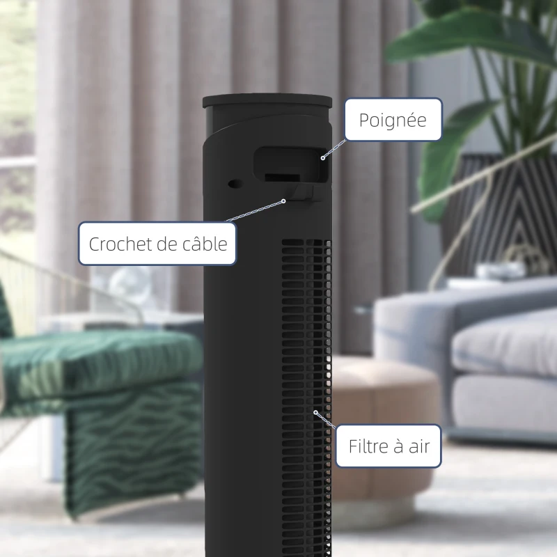 HOMCOM Ventilateur colonne 45W ventilateur tour télécommande, minuterie, oscillant à 70°, mode veille et mode enfants, noir