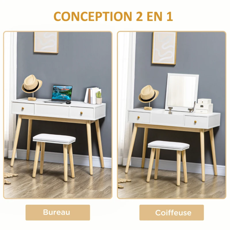 HOMCOM Ensemble de coiffeuse avec tabouret miroir rabattable style scandinave 2 tiroirs 100 x 45 x 118 cm, blanc