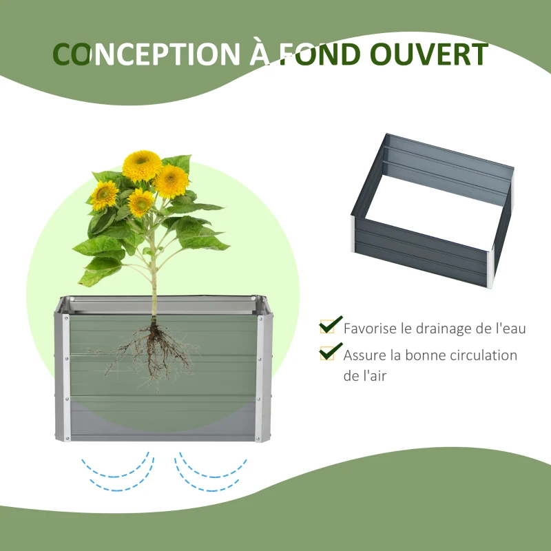 Outsunny Carré potager lit de jardin surélevé en acier galvanisé fond ouvert conception extra profonde 66 x 47 x 40 cm gris foncé