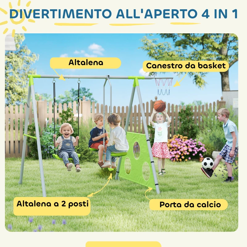 AIYAPLAY Gioco per Bambini 4 in 1 con 2 Altalene da Giardino, Canestro e Porta da Calcio, 215x180x182 cm, Verde e Grigio