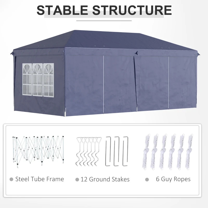 Outsunny Składany pawilon 6 x 3 m, odłączne boczne ściany, duże okna, drzwi z zamkiem błyskawicznym, rama stalowa, niebieski