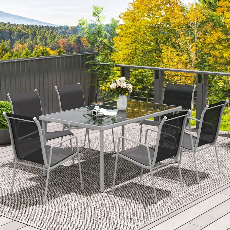 Outsunny Ensemble de jardin 6 pers. 6 chaises empilables table plateau verre trempé 5 mm métal époxy textilène argent