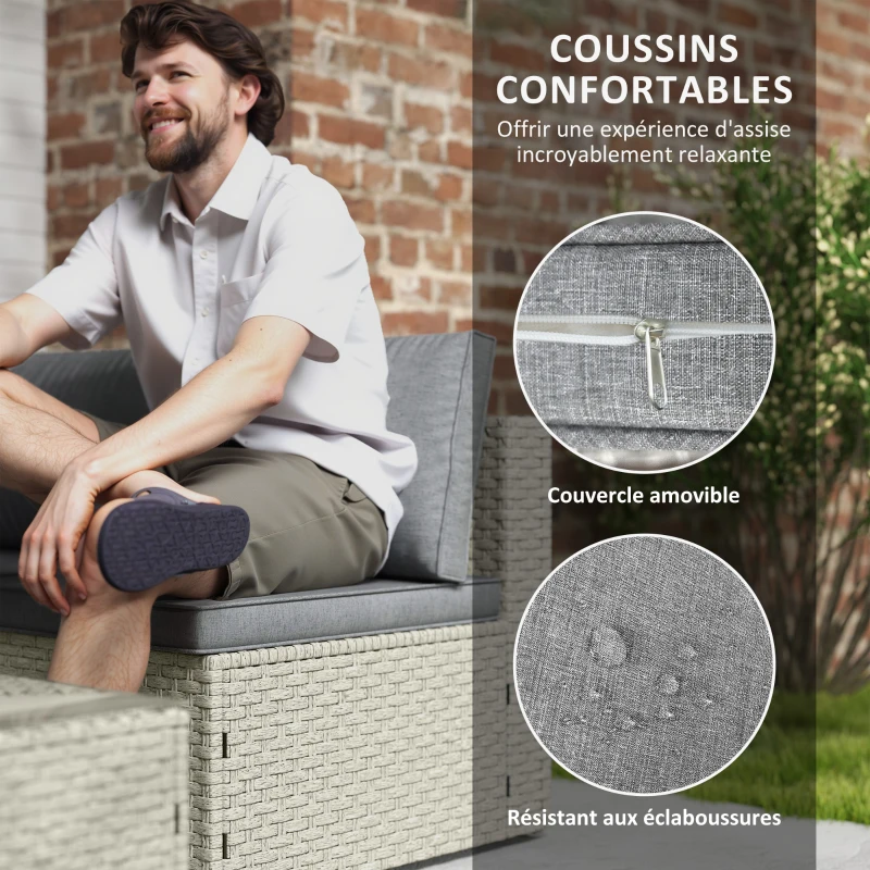 Outsunny Salon de jardin extérieur modulable 6 personnes en résine tressée avec canapés et table basse en verre trempé, marron