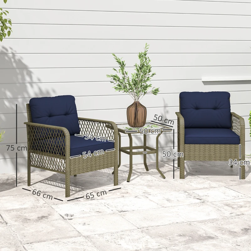 Outsunny 3 Pieces Rattan Bistro Set with Glass Top Coffee Table, Chairs and Cushions for Outdoor, Patio, Balcony, Charcoal Grey