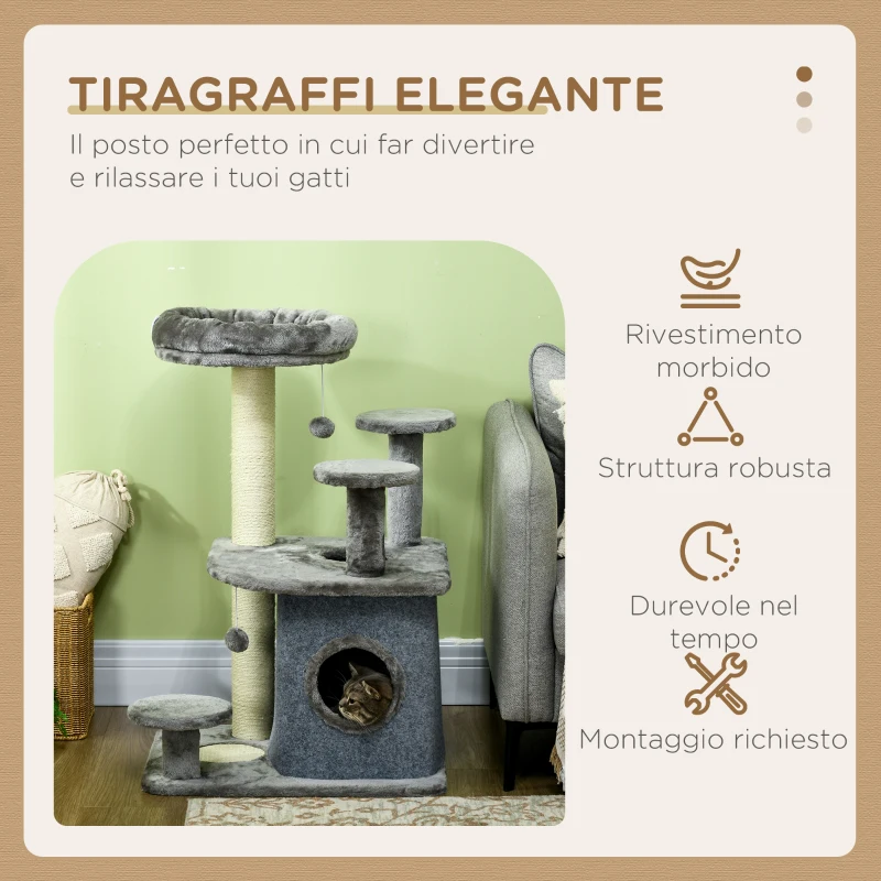 PawHut Albero Tiragraffi per Gatti con Lettino e Casetta in Peluche, Pali in Sisal, 60x48x92 cm, Grigio