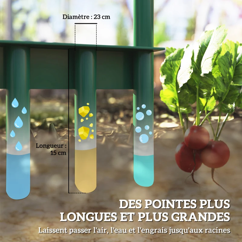 Outsunny Aérateur de pelouse avec pointes creuses, aérateur de gazon manuel avec poignée antidérapante 30 x 4 x 94 cm vert foncé