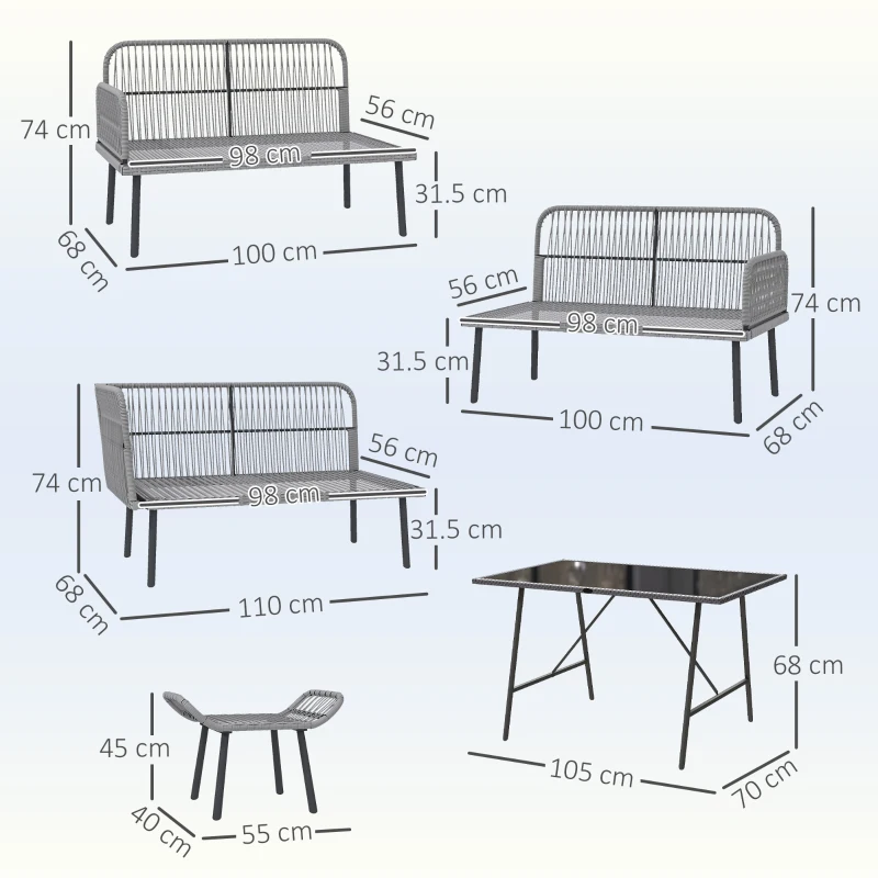 Outsunny 6 Piece Rattan Garden Furniture Set, 8 Seater Garden Corner Sofa with Cushions and Glass Top Table, Sectional Outdoor Furniture Conservatory Set for Patio, Charcoal Grey