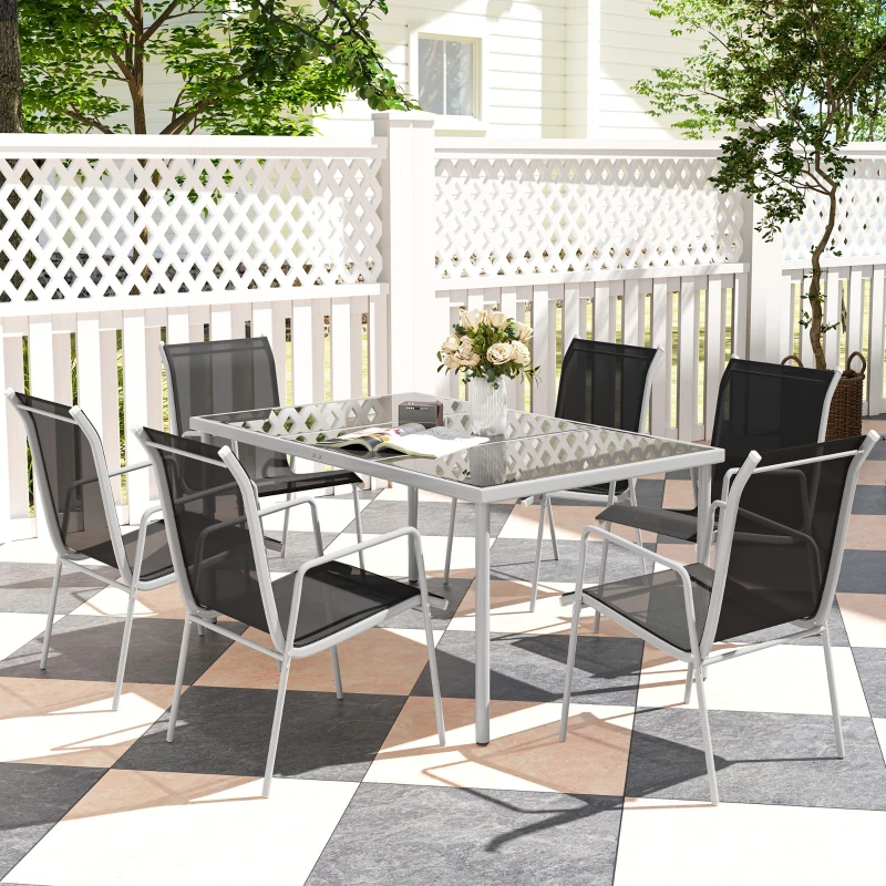 Outsunny Ensemble de jardin 6 pers. 6 chaises empilables table plateau verre trempé 5 mm métal époxy textilène argent